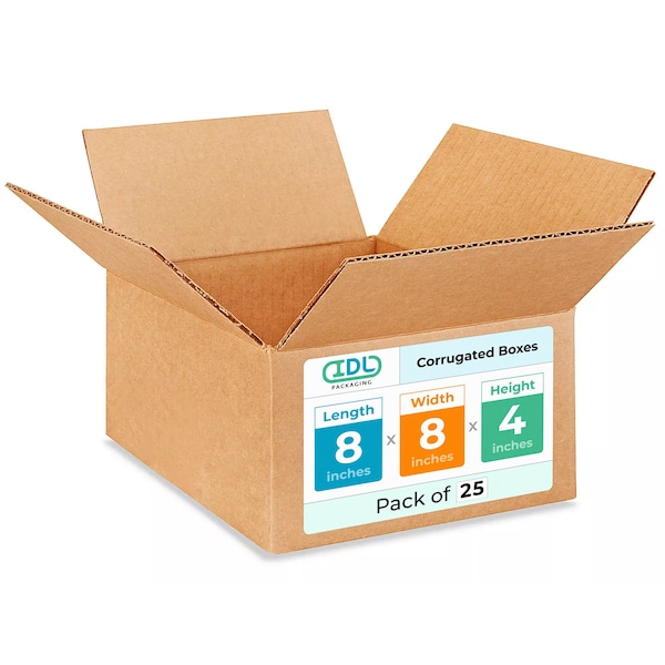 Idl Packaging 8 in x 8 in x 4 in Shipping Box, Kraft, Corrugate, Single Wall, 200#, 25 PK B-884-25 - main